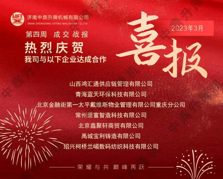 济南中鼎升降设备3月第四周业绩喜报 2023-04-04